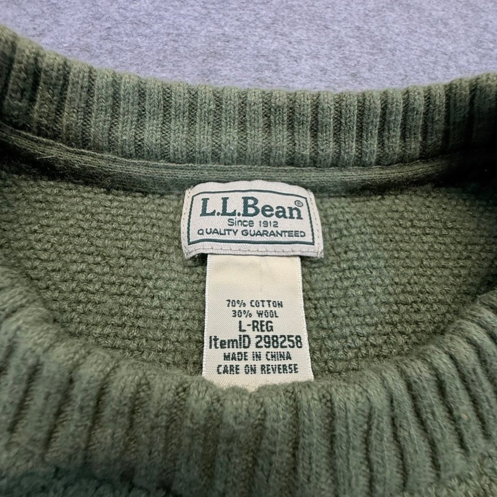 LL Bean Mens Olive Green Wool Blend Waffle Crewneck Sweater L Chunky Heritage - Picture 3 of 6